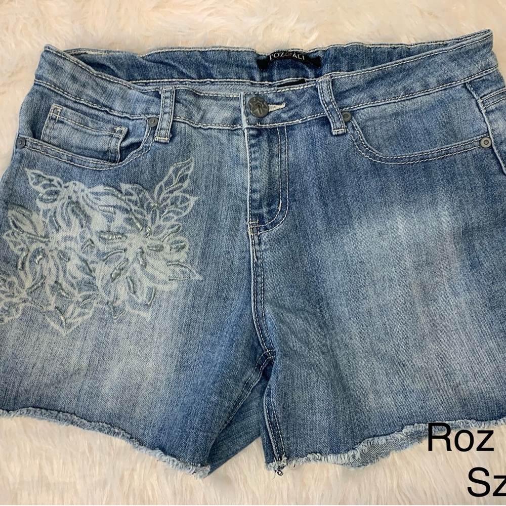 Blue Denim Shorts with Floral Embroidery